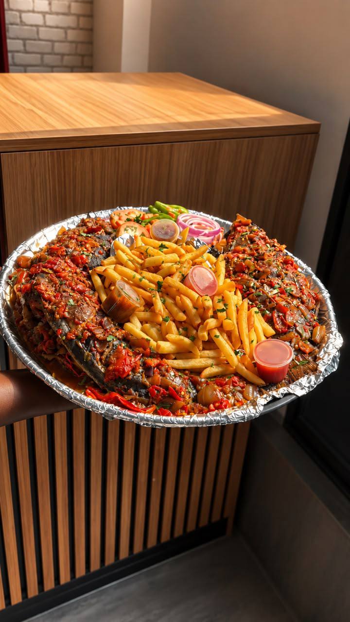 The Crown Platter — peppered catfish buried under golden fries with pepper sauce